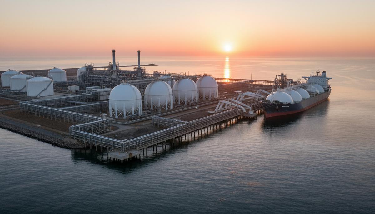 США наращивают экспорт СПГ из терминала Elba Island на 22% для поддержки союзников Крупный терминал СПГ на побережье с массивными резервуарами для хранения газа и пришвартованным танкером-газовозом.