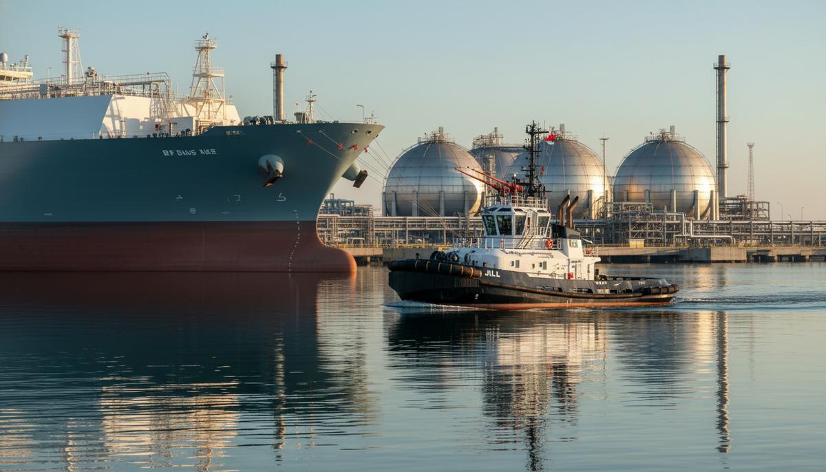 Флот для СПГ-терминалов США пополнился новым мощным буксиром «Джилл» Современный буксир-пожарный «Джилл» у причала СПГ-терминала рядом с большим газовозом и резервуарами для хранения газа.