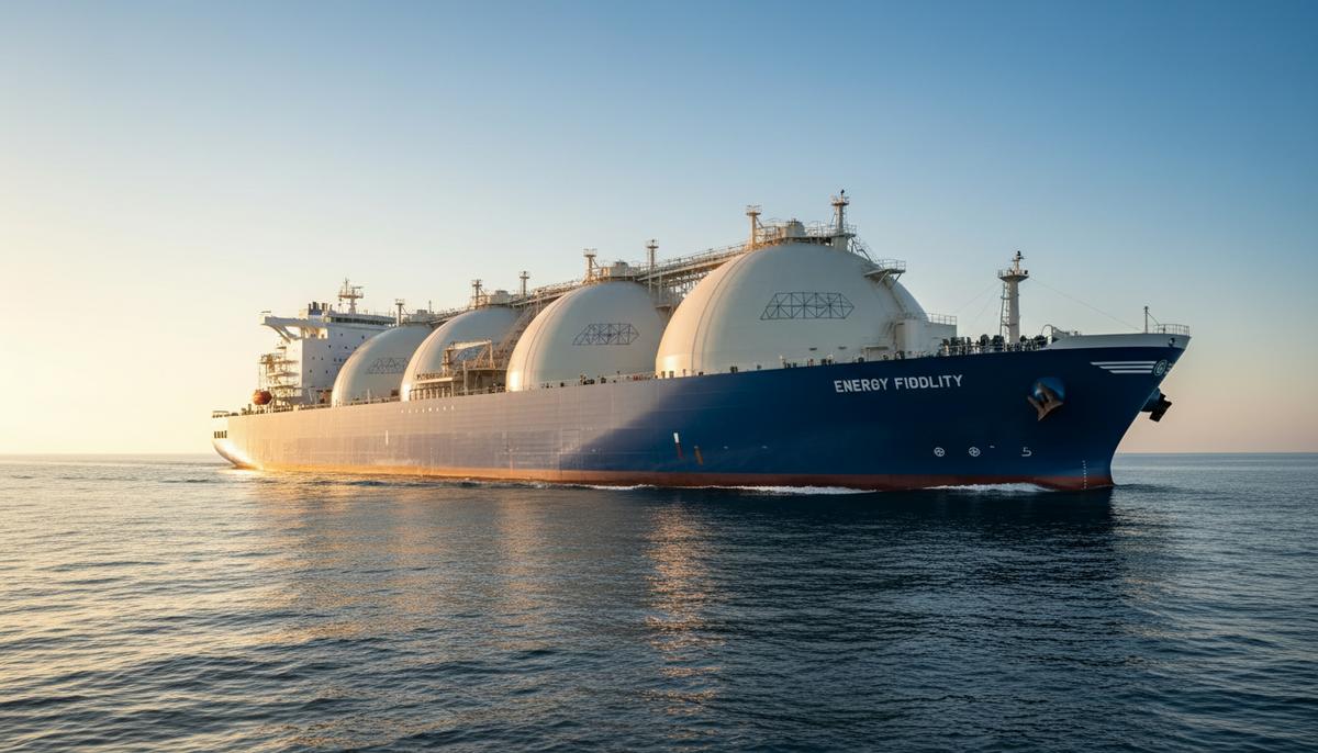 Крупный современный танкер-газовоз для перевозки СПГ «Energy Fidelity» в открытом море в лучах утреннего солнца.