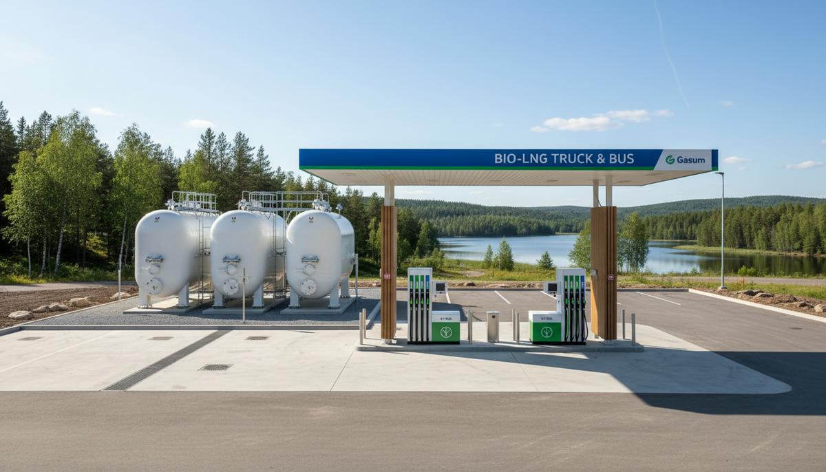 Gasum открыла в Финляндии самую восточную станцию по заправке био-СПГ Современная заправочная станция для грузовиков с био-СПГ. Видны криогенные резервуары для хранения газа и заправочные колонки.