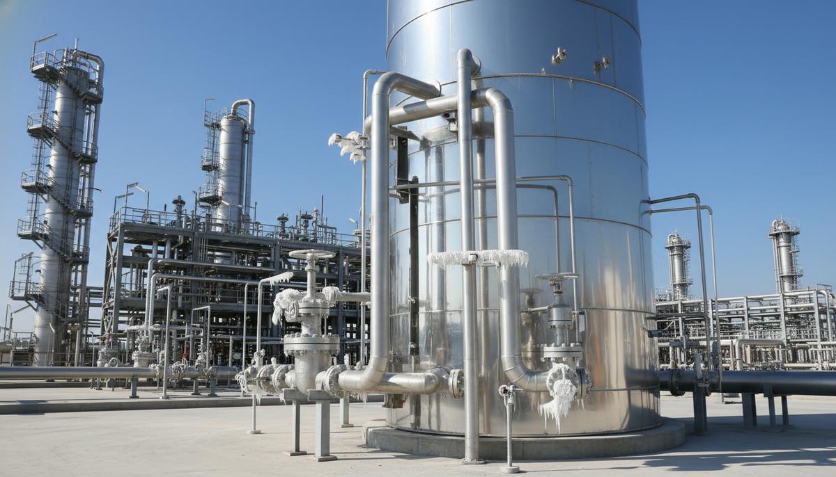 Современный резервуар для хранения сжиженного природного газа на фоне промышленного комплекса завода по сжижению газа.