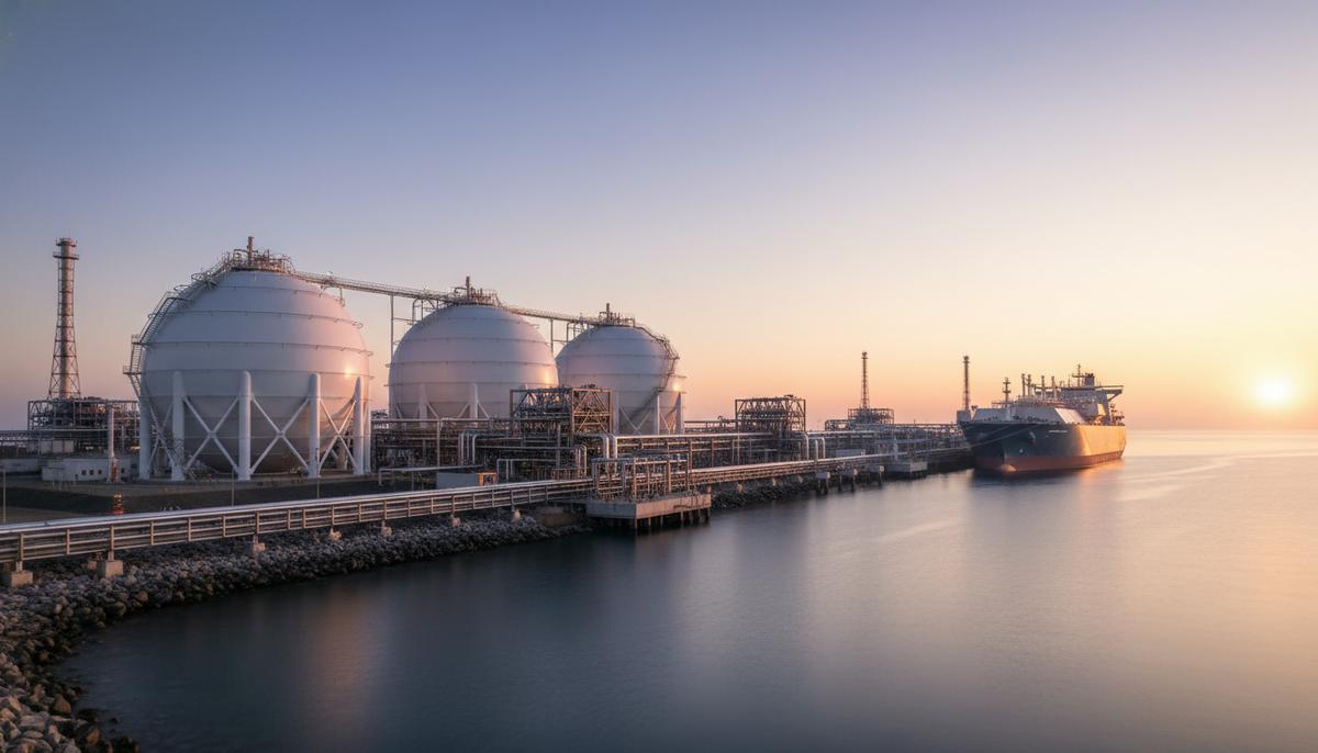 Вьетнамская PV GAS значительно увеличила мощность СПГ-терминала «Тхивай» Крупный СПГ-терминал на побережье с большими сферическими резервуарами для хранения газа и пришвартованным у причала газовозом.