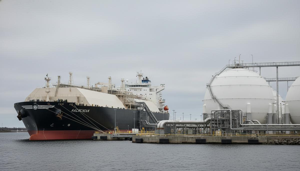 Elenger закупает СПГ из США для обеспечения энергобезопасности Балтии Танкер-газовоз для СПГ у причала регазификационного терминала в порту. На берегу видны большие сферические резервуары для хранения газа.