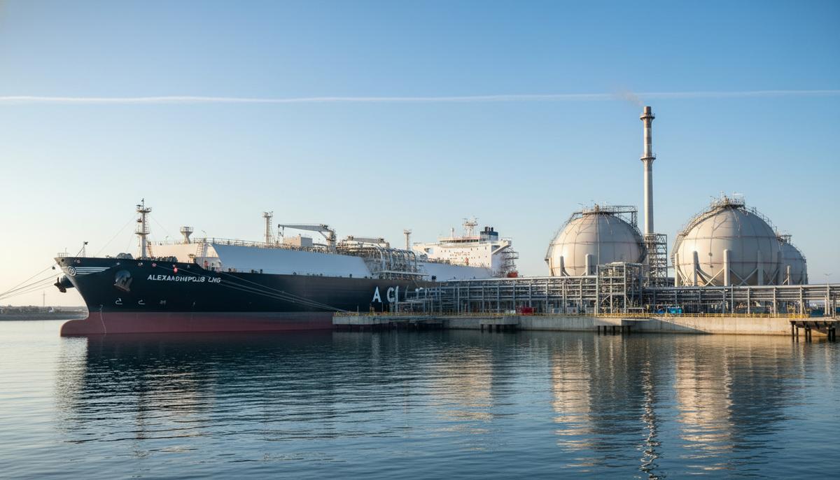 Болгария объявила первый тендер на закупку 1,5 млн МВт·ч сжиженного природного газа Огромный танкер для перевозки СПГ пришвартован у современного газового терминала с резервуарами для хранения на берегу моря.