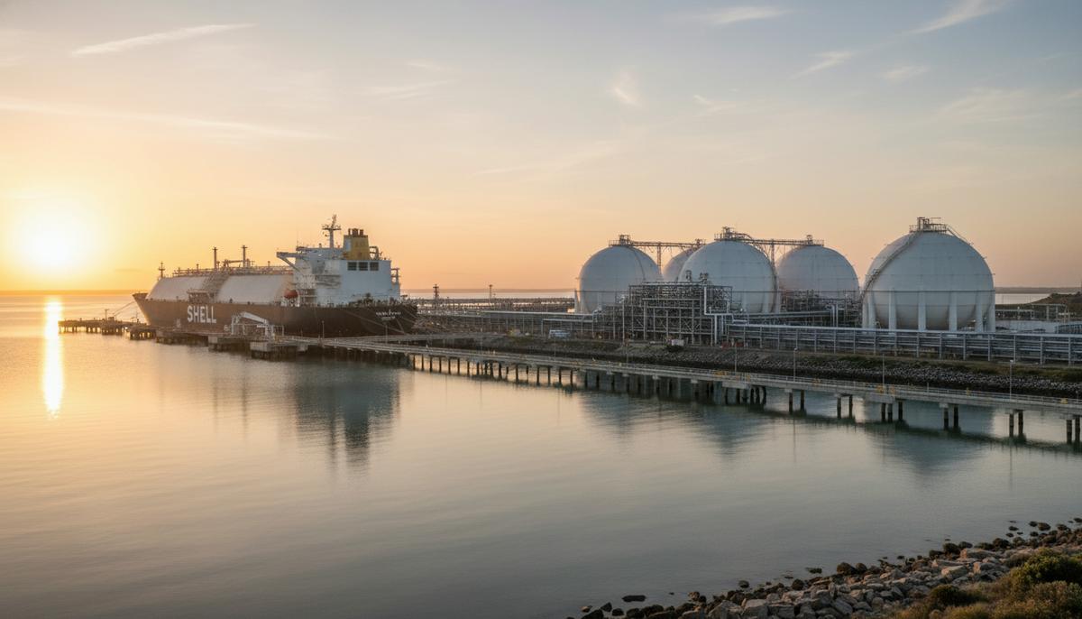 Viva Energy получила окончательное разрешение на СПГ-терминал в Джилонге СПГ-терминал с большими сферическими резервуарами на берегу залива. У промышленного пирса пришвартован крупный газовоз.
