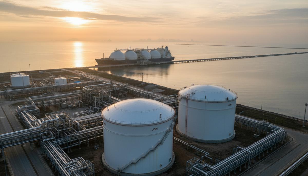 Вьетнам значительно увеличил мощность СПГ-терминала Thi Vai Крупный СПГ-терминал Thi Vai на морском побережье. Большие белые резервуары для хранения сжиженного природного газа и сложная система трубопроводов.