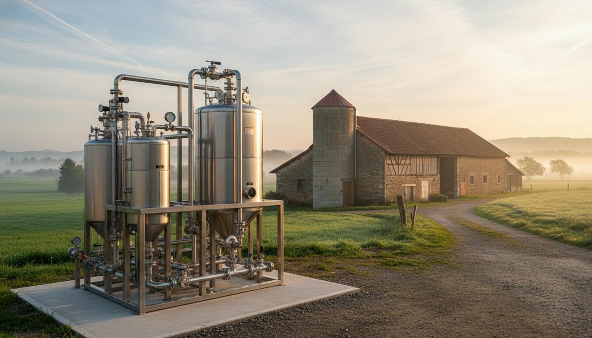Во Франции запустили первую в мире систему производства био-СПГ на фермах Современная установка для сжижения биогаза с резервуарами и трубами на территории фермы с силосными башнями на заднем плане.