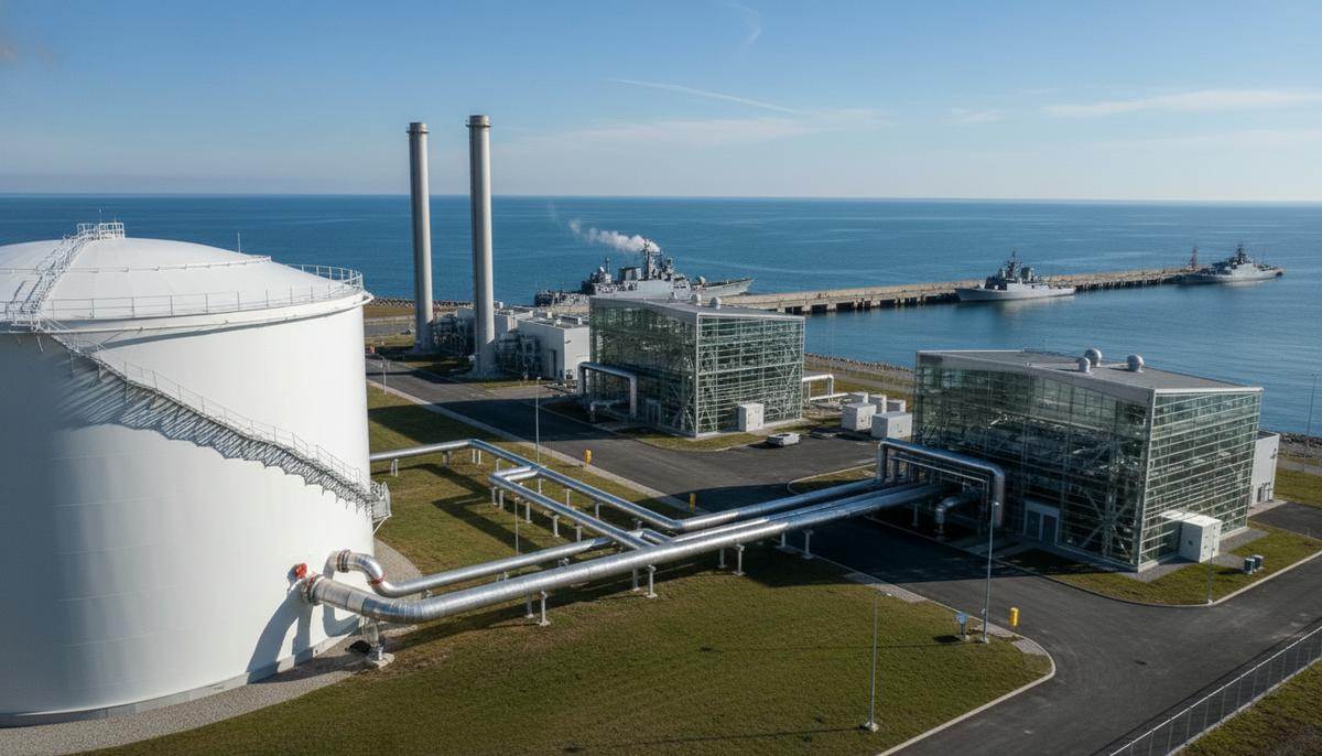 Крупный резервуар для хранения СПГ и трубопроводы на территории современной электростанции у морского побережья.