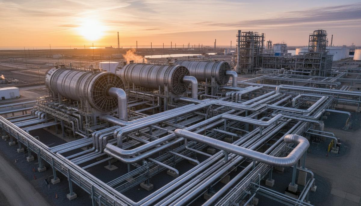 Мощность СПГ-завода Rio Grande в Техасе увеличат до 30 млн тонн в год Промышленный комплекс завода по сжижению природного газа с сетью криогенных труб и теплообменниками на рассвете.