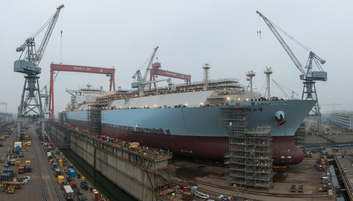 Новый СПГ-газовоз в сухом доке судостроительной верфи во время строительства, в окружении портовых кранов и лесов.