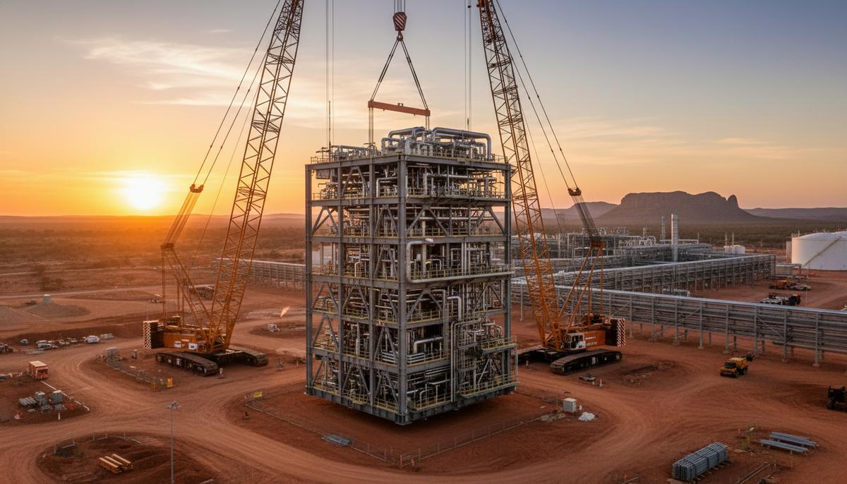 Огромный технологический модуль для сжижения газа на фоне промышленного пейзажа СПГ-завода в австралийской пустыне.