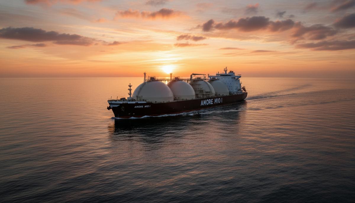 Крупный современный газовоз для перевозки СПГ в открытом море на рассвете, солнце отражается от воды и корпуса судна.