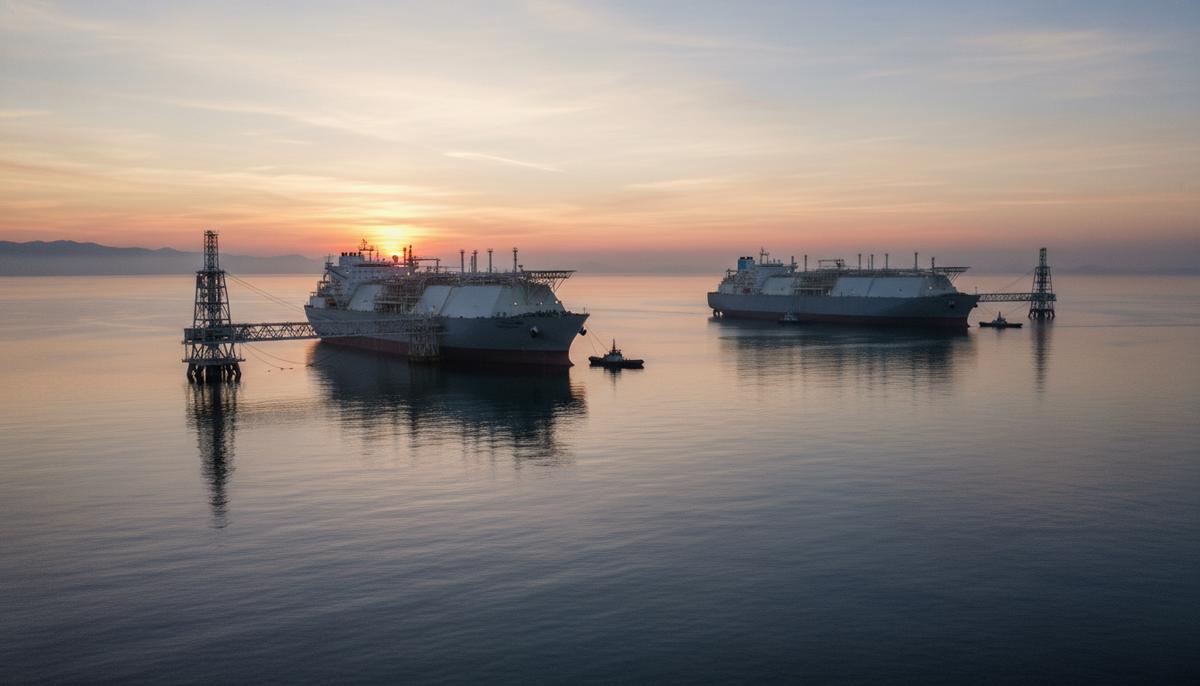 Два крупных плавучих завода СПГ, соединенные швартовной системой в открытом море. Индустриальный морской пейзаж на рассвете.