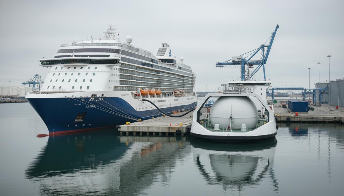 Современный круизный лайнер на СПГ во время заправки с бункеровочного судна в порту. Два корабля соединены шлангом.