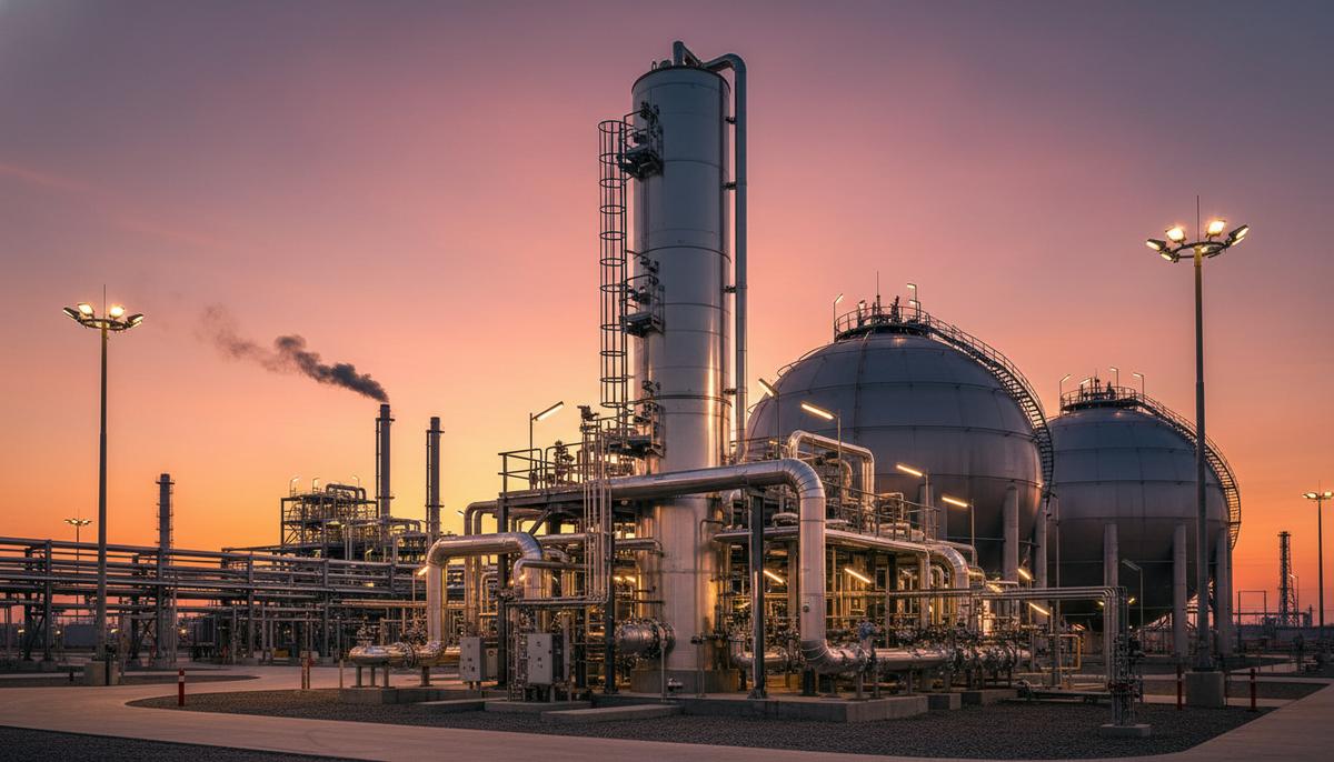 Новая технологическая линия завода СПГ на закате. Криогенный теплообменник, трубы и сферические хранилища газа.