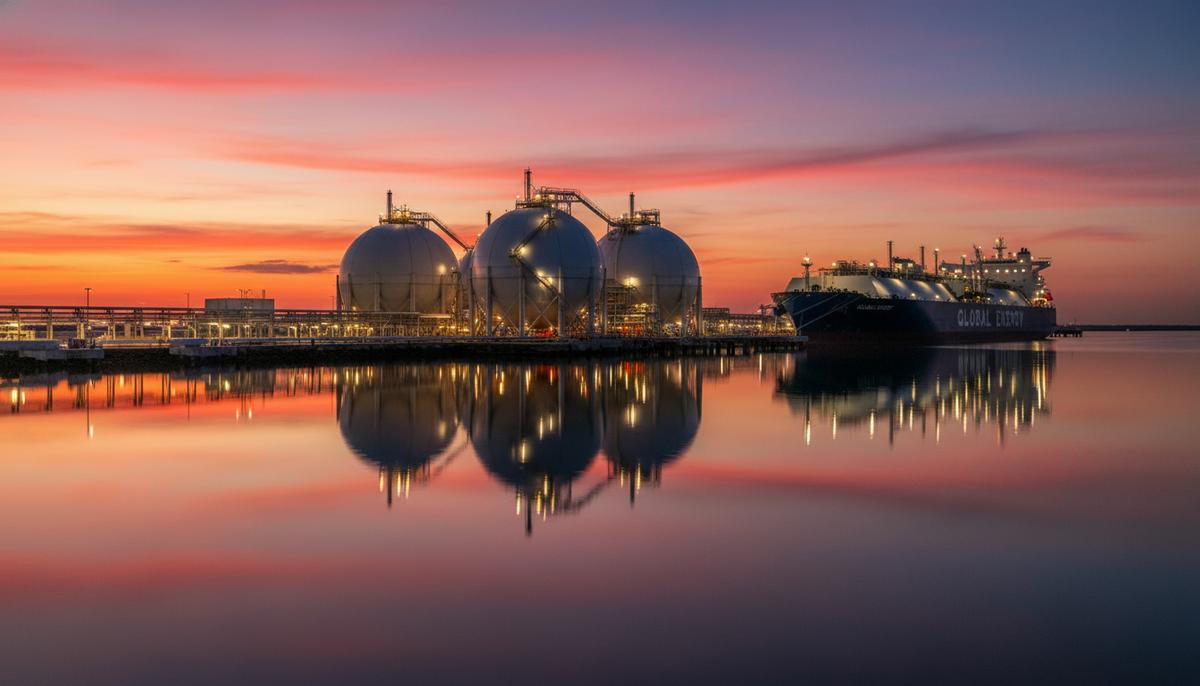 Крупный завод СПГ на побережье в сумерках. Огромные шарообразные резервуары для хранения газа и танкер-газовоз у причала.