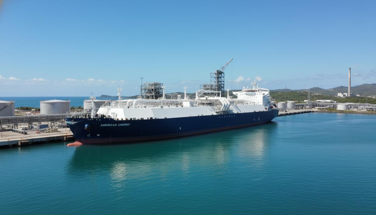 Танкер для перевозки СПГ American Energy у причала газового терминала в Пуэрто-Рико в солнечный день.