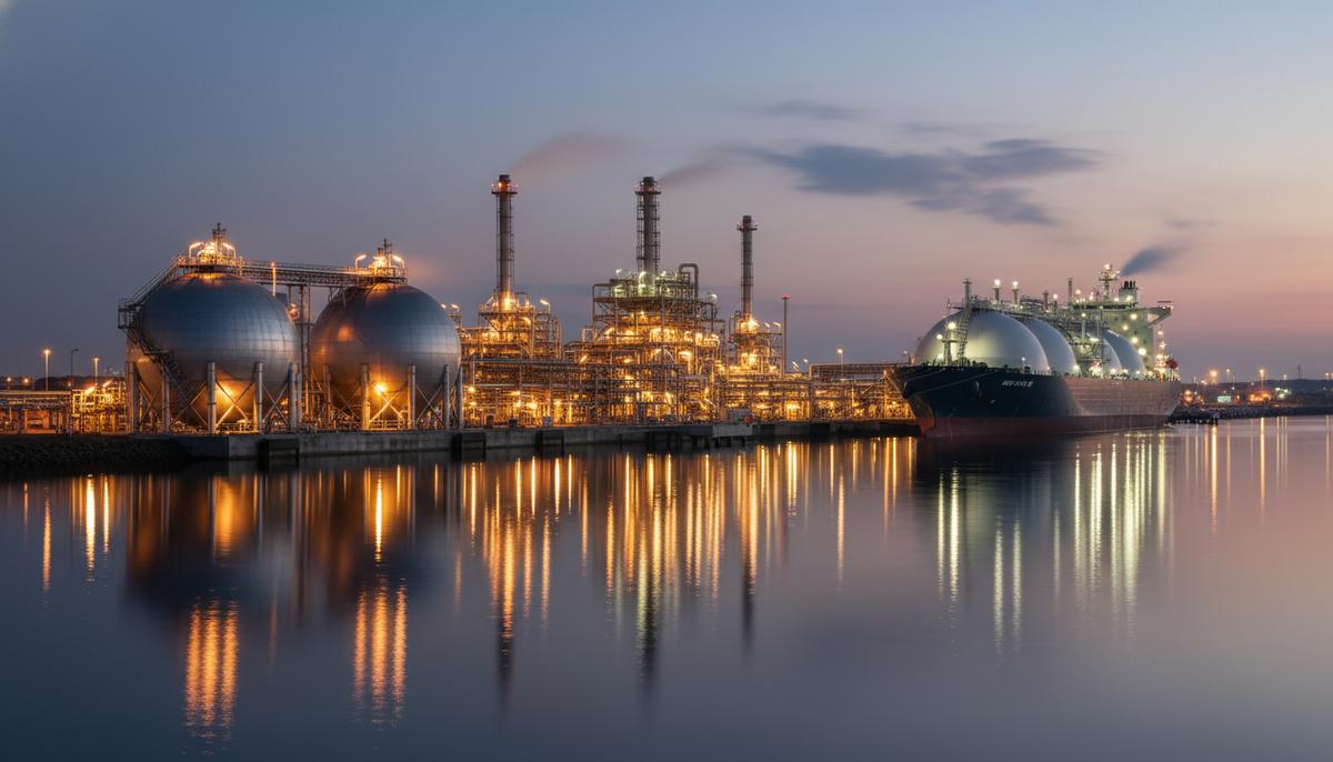 Крупный завод по сжижению природного газа с хранилищами, трубопроводами и танкером-газовозом у причала в порту.