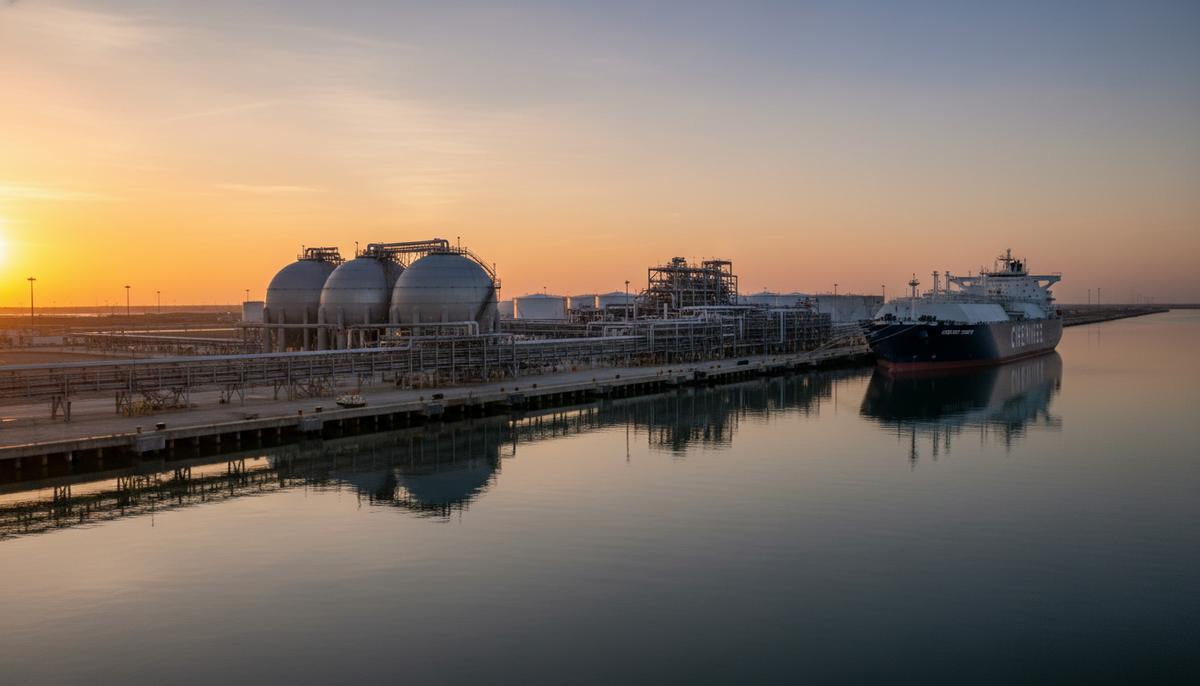 Современный терминал СПГ в порту с большими резервуарами для хранения и танкером-газовозом у причала на рассвете.