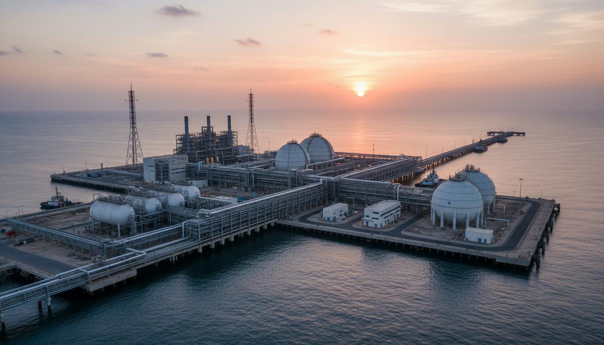 Причальный СПГ-терминал с регазификационной установкой, резервуарами и трубопроводами на побережье Атлантического океана.