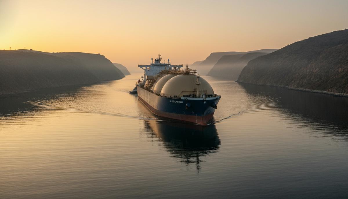Огромный танкер-газовоз для перевозки СПГ плывет по узкому морскому проливу на рассвете на фоне далекого побережья.