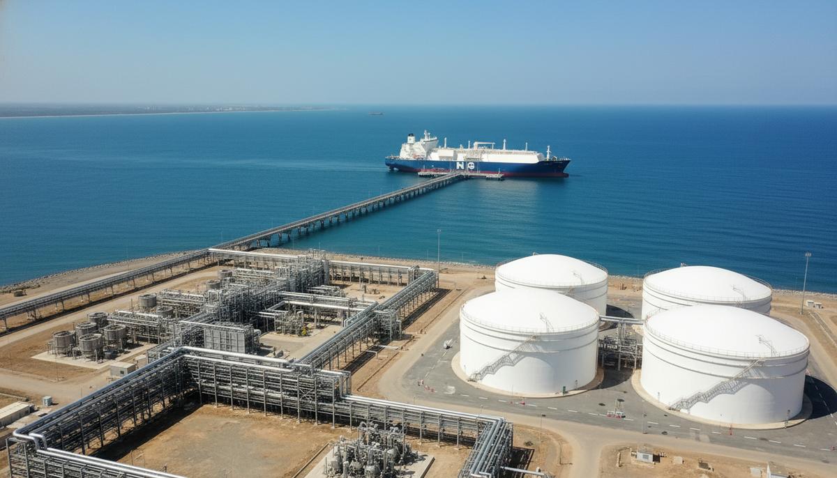 СПГ-терминал на побережье в Дакаре, Сенегал. Крупный газовоз пришвартован у причала рядом с резервуарами для хранения сжиженного газа.