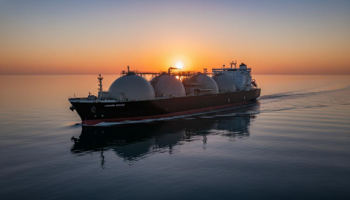 Новый СПГ-танкер-газовоз «Harmonic Breeze» в открытом море на рассвете.