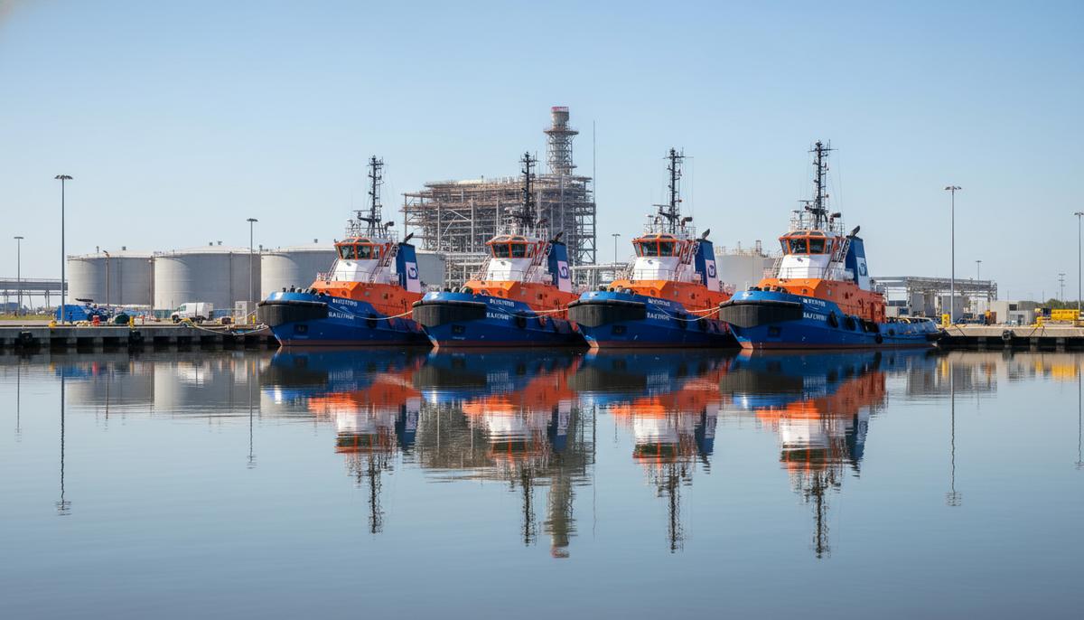Четыре новых буксира у причала судоверфи на фоне строящегося терминала сжиженного природного газа (СПГ).