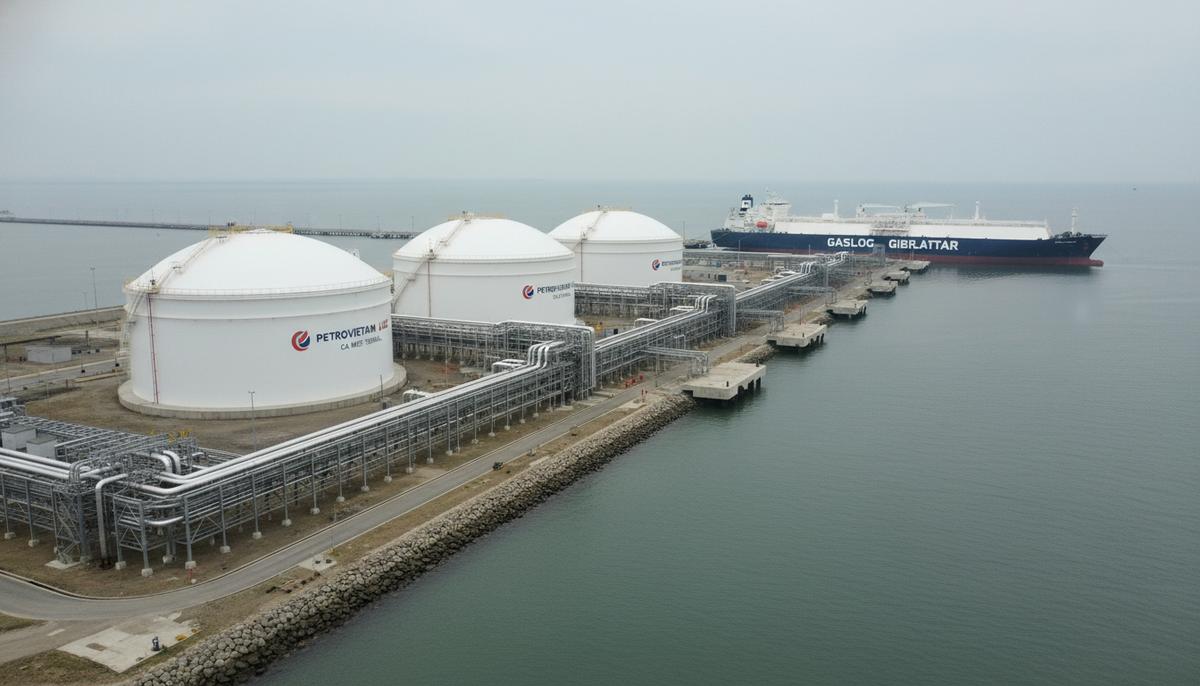 Промышленный пейзаж СПГ-терминала Cai Mep во Вьетнаме: крупные резервуары для хранения газа, трубопроводы и пришвартованный у причала газовоз.