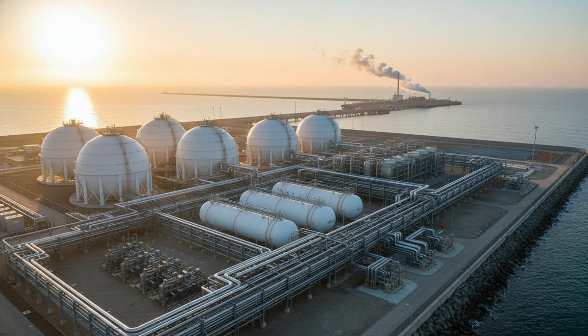 Современный терминал сжиженного природного газа на побережье, гигантские резервуары для хранения СПГ и сеть трубопроводов на рассвете.