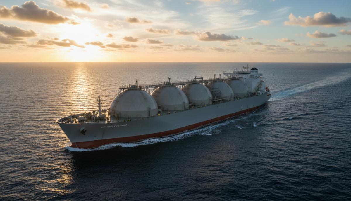 Огромный современный танкер для перевозки сжиженного природного газа (СПГ) плывет по открытому морю на закате.