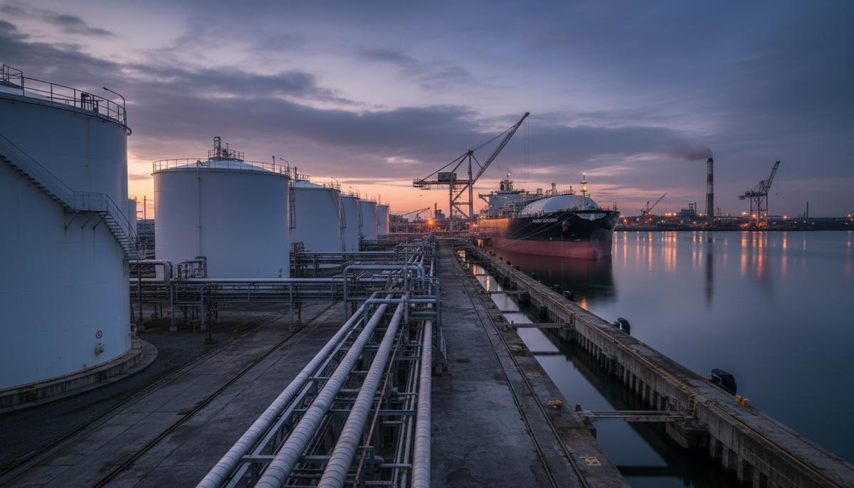 Крупный промышленный порт в сумерках. Огромные цилиндрические резервуары для хранения аммиака, трубопроводы и танкер у причала.
