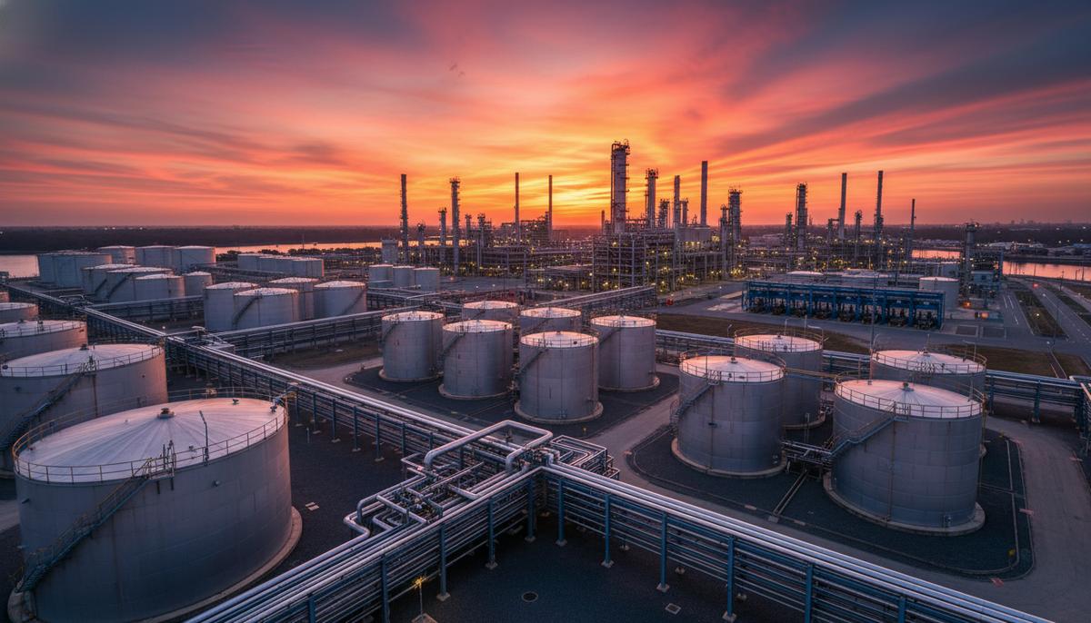 Промышленный пейзаж нефтеперерабатывающего завода с большими резервуарами для хранения топлива и сетью трубопроводов на закате.