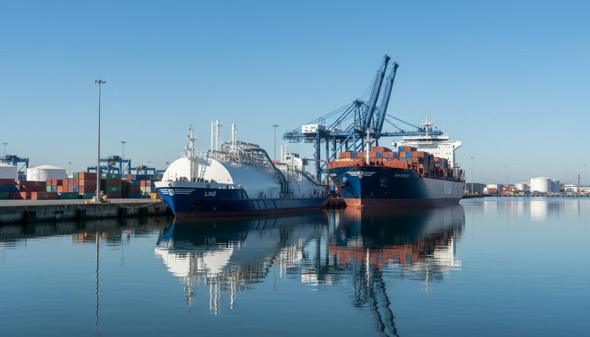 Современное бункеровочное судно заправляет сжиженным природным газом (СПГ) большой грузовой корабль в порту.