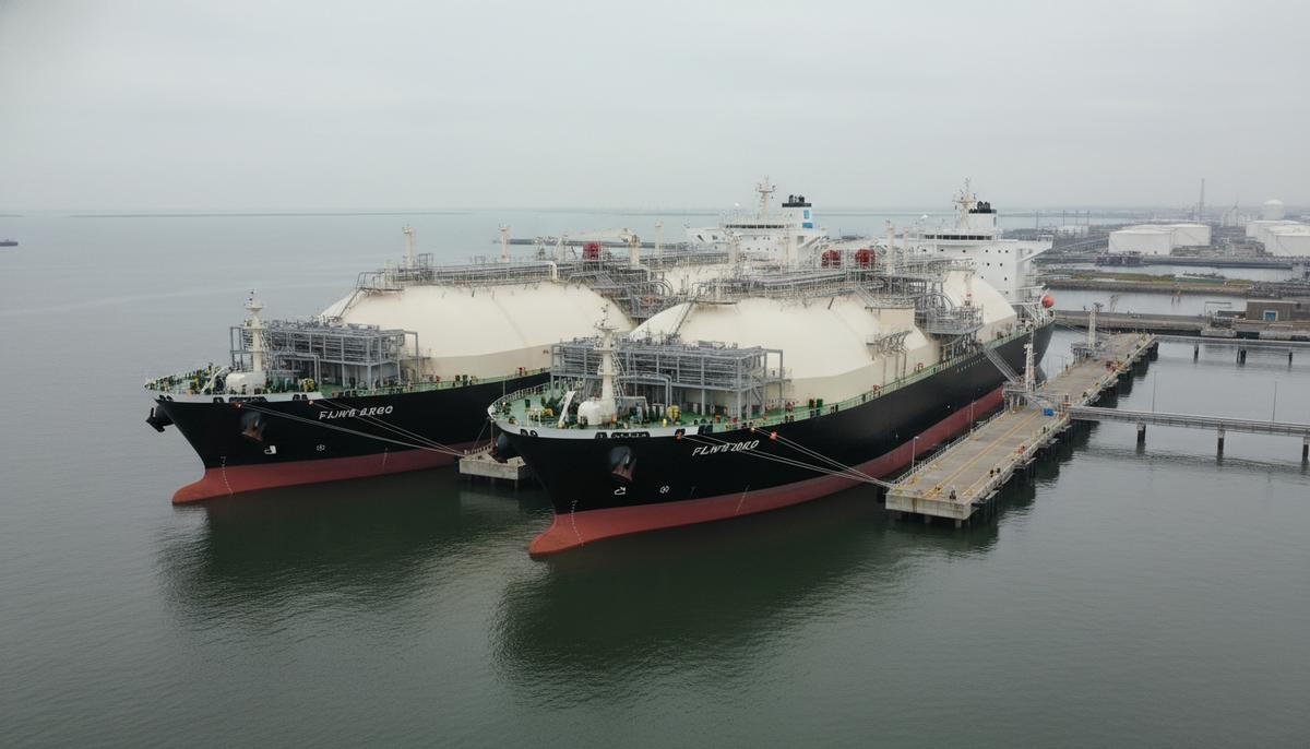 Танкер для перевозки сжиженного природного газа пришвартован к плавучей установке для хранения и регазификации СПГ в порту.