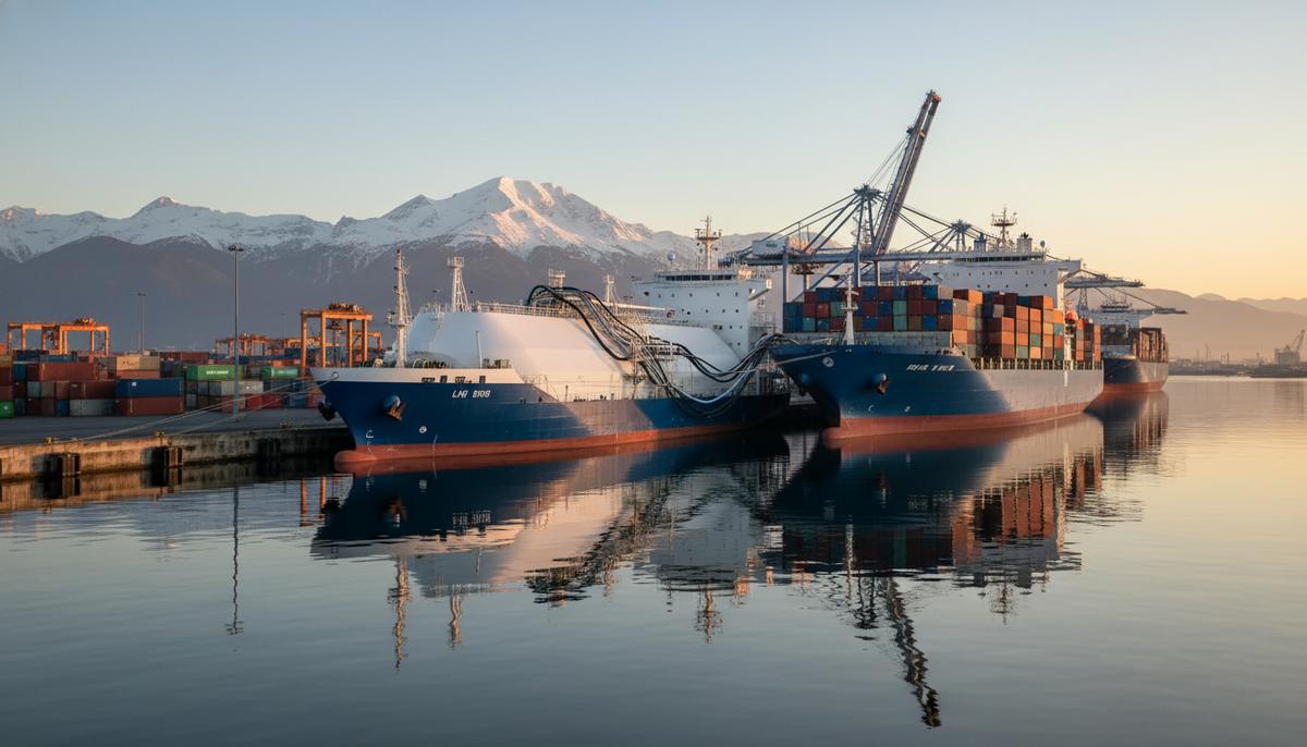 Судно для бункеровки СПГ заправляет большой контейнеровоз в порту на фоне гор. Идет процесс перекачки сжиженного природного газа.