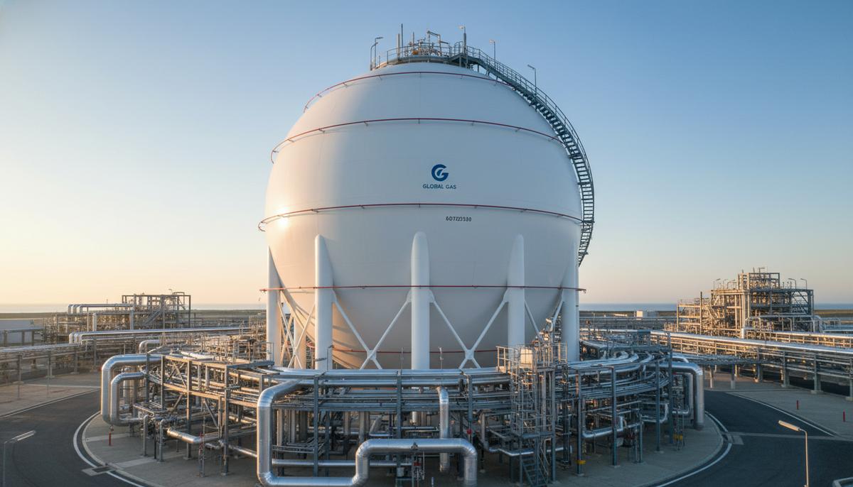 Сферический резервуар для хранения сжиженного природного газа на промышленном терминале с трубопроводами на рассвете.