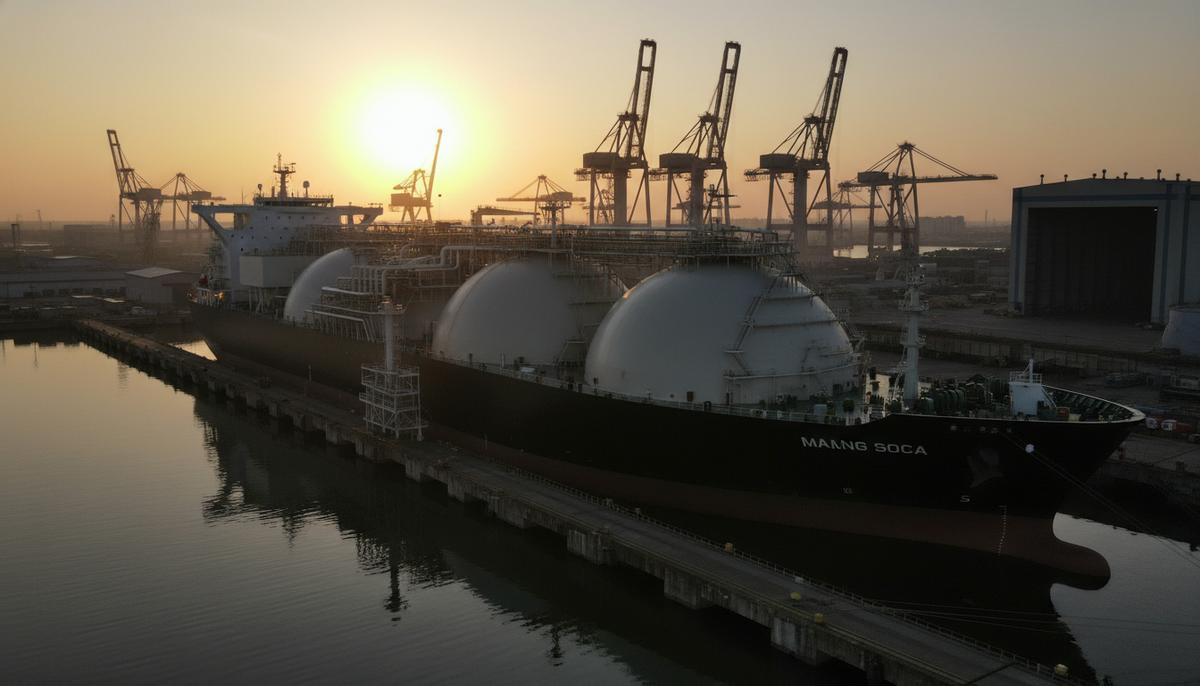 Огромный танкер-газовоз для перевозки СПГ пришвартован в порту на фоне промышленных кранов на рассвете.