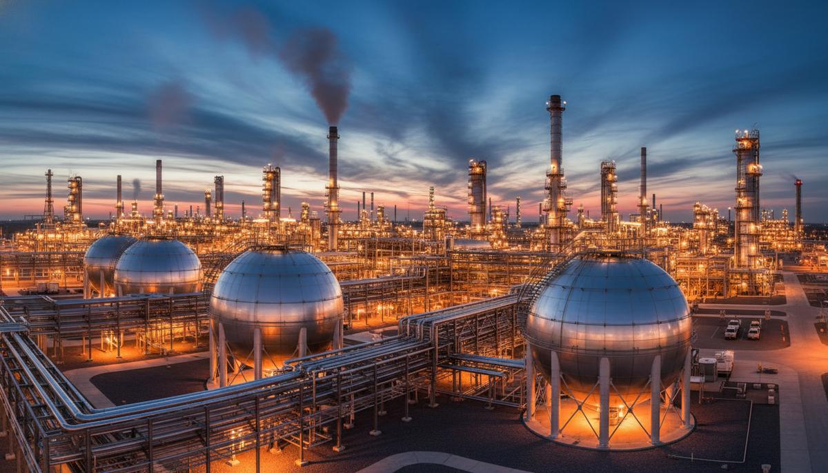 Промышленный пейзаж нефтеперерабатывающего завода с крупными резервуарами для хранения и сетью трубопроводов на закате.