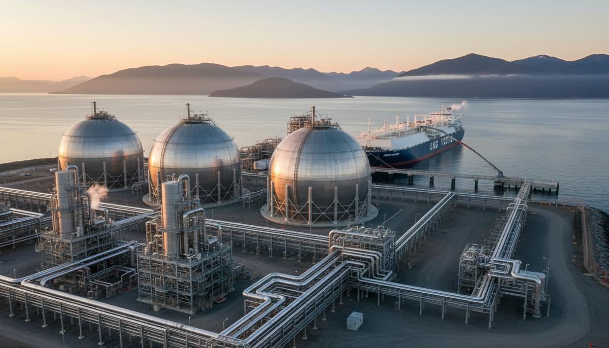 Современный терминал СПГ на побережье Канады на рассвете. Сферические резервуары для хранения газа и газовоз у причала.