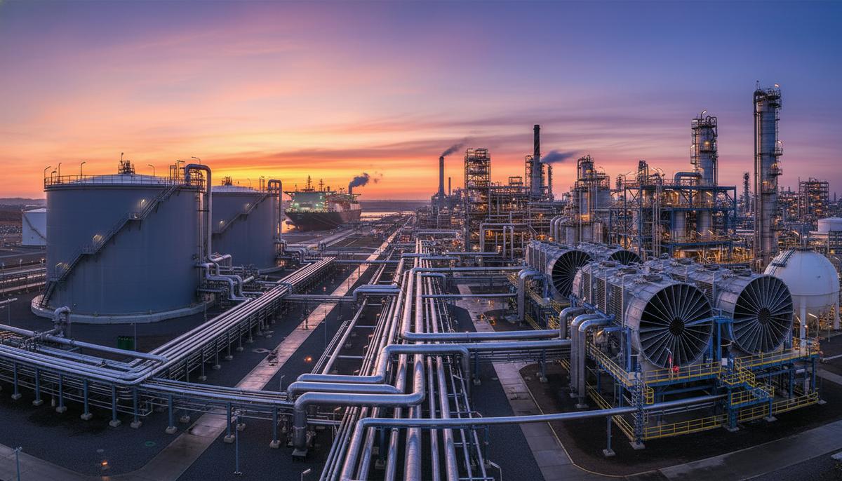 Промышленный комплекс с СПГ-терминалом и нефтехимическим заводом, соединенными системой трубопроводов и теплообменников.