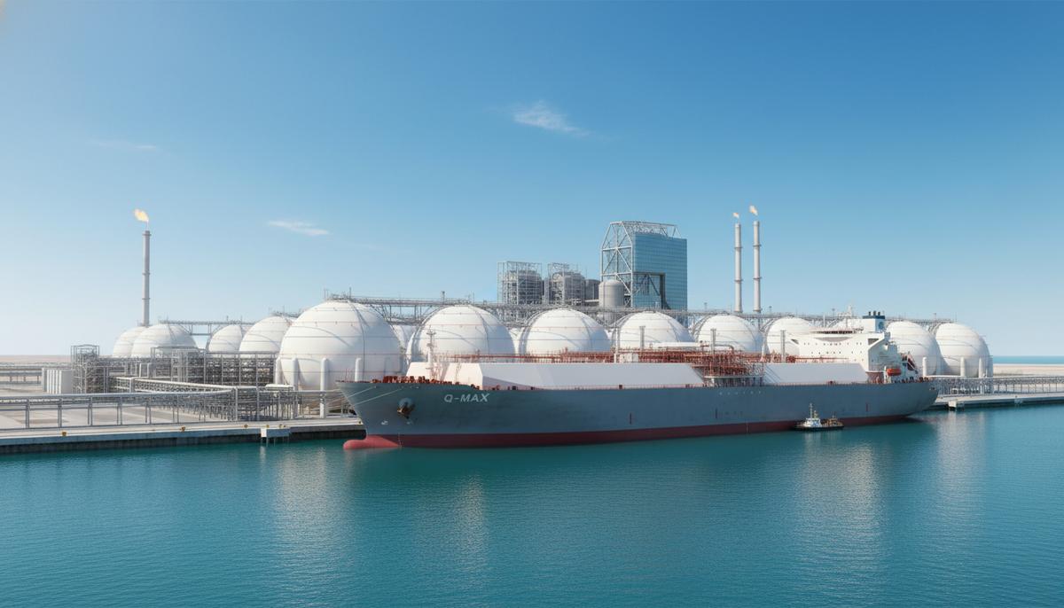 Гигантский газовоз для перевозки СПГ у причала на экспортном терминале с большими сферическими хранилищами газа.