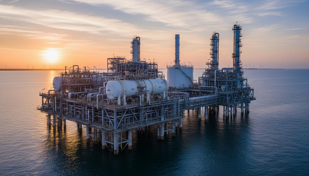 Морская платформа с заводом по производству сжиженного природного газа (СПГ) в заливе у побережья на рассвете.