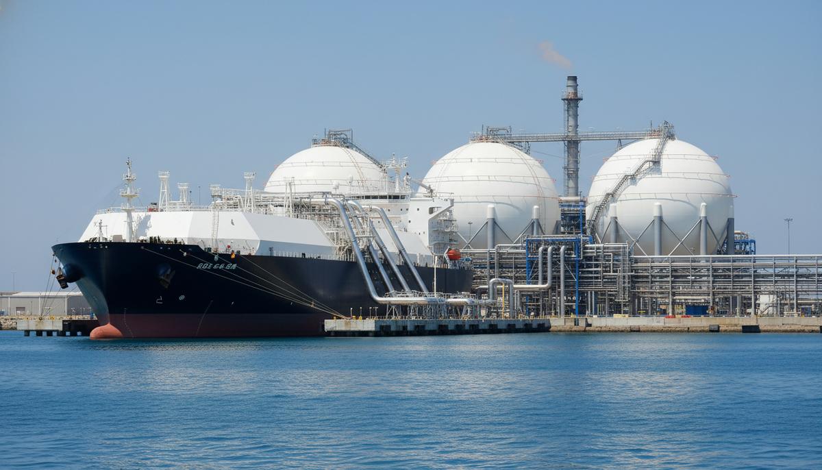 Огромный танкер для перевозки сжиженного природного газа (СПГ) у причала современного завода со сферическими хранилищами.