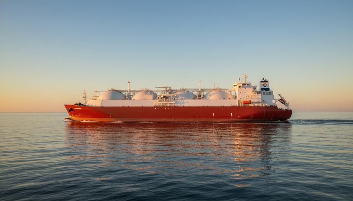 Современный СПГ-танкер (газовоз) в открытом море. Большое судно для перевозки сжиженного природного газа плывет по океану.