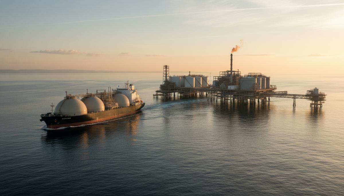 СПГ-танкер на рассвете приближается к морскому регазификационному терминалу в Адриатическом море.