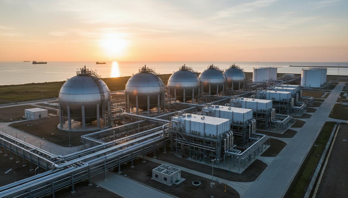 Современный завод по сжижению природного газа на побережье на рассвете. Крупные резервуары для хранения СПГ и промышленные установки.