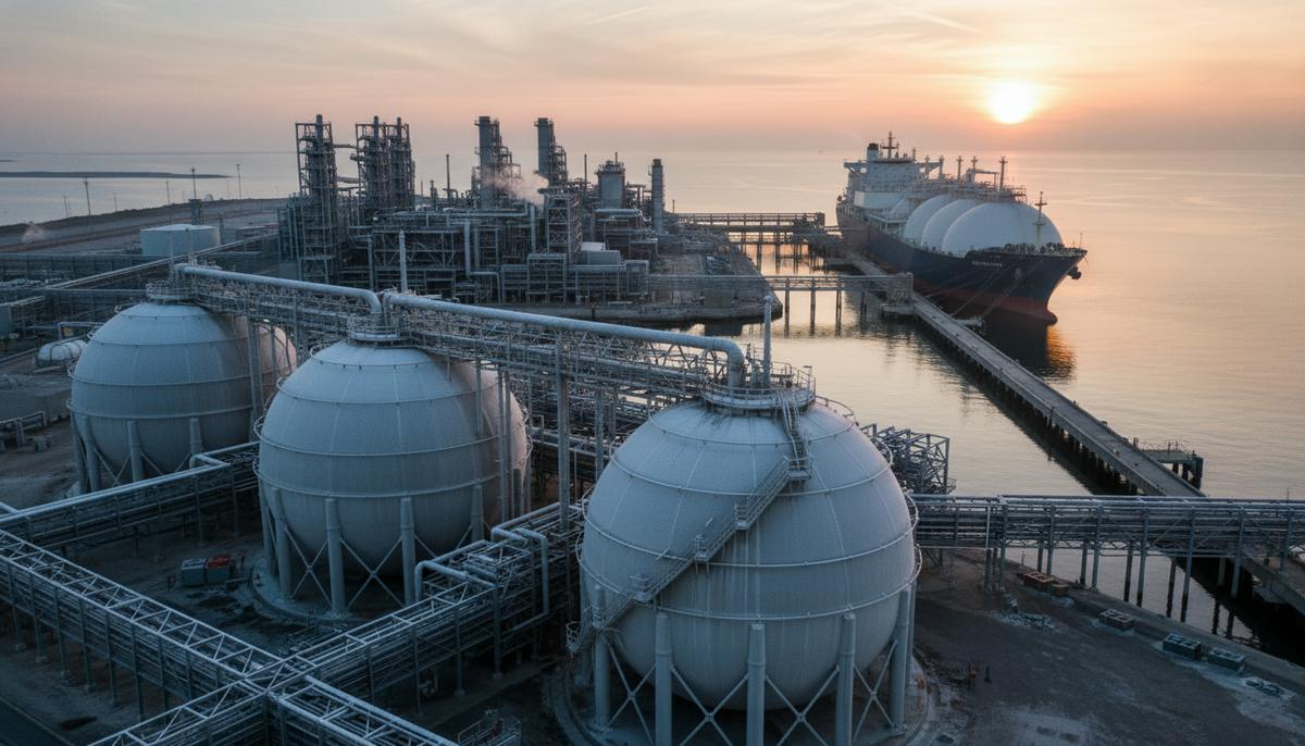Крупный СПГ-терминал на рассвете: сферические резервуары для хранения газа и танкер-газовоз у причала.
