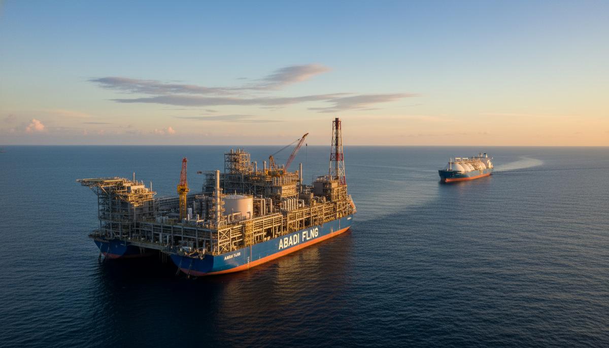 Плавучий завод по производству СПГ и танкер-газовоз в открытом море у побережья Индонезии на рассвете.