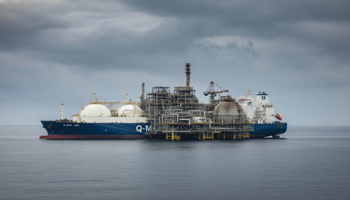 Крупный СПГ-танкер пришвартован к морскому регазификационному терминалу в Адриатическом море под пасмурным небом.